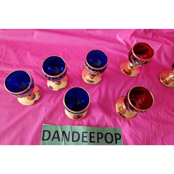 8 Piece Blue Red Gold Enamel Floral Embellished Brandy Snifters Cordial Glasses - Picture 5 of 12